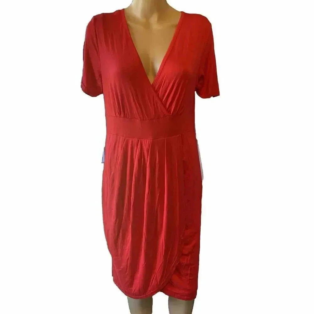 New Women’s Boutique Red Midi Dress Y Neck Stretch Casual Elegant Date Party XL